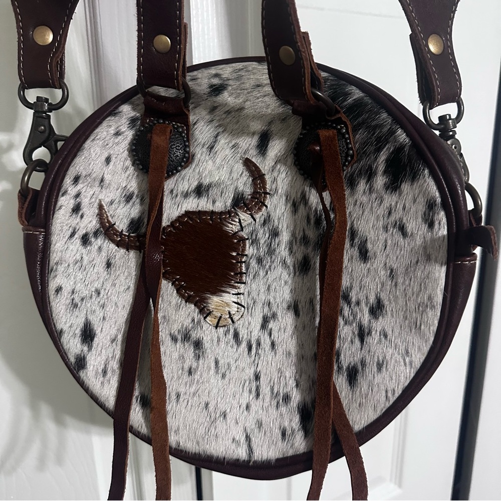 Cowhide Circle Bag with Brown Accents